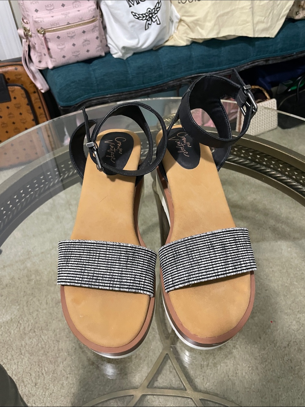 Black Ankle-Strap Sandals with Textured Silver Strap